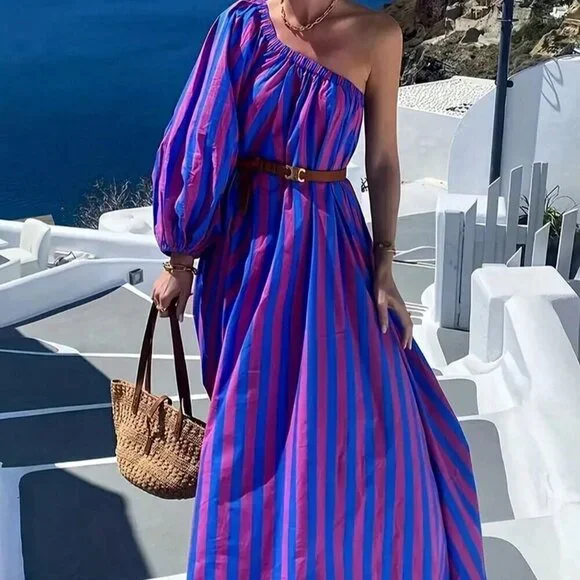 Women's Striped Print Sexy One Shoulder Vacation Style Maxi Dress - Picture 1 of 4